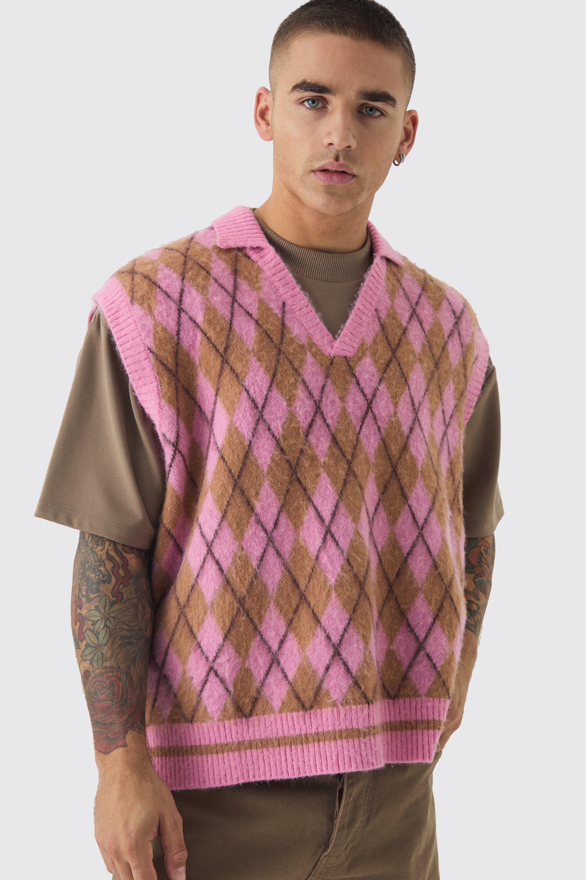 Mens Blue Oversized V Neck Argyle Fluffy Knit Vest, Blue